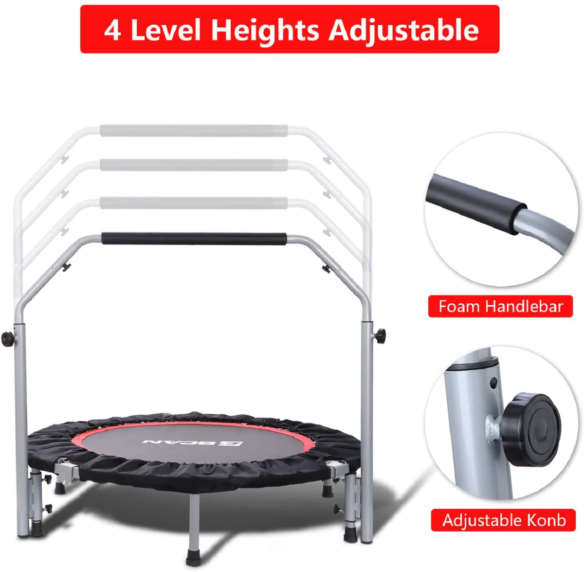 BCAN 450/550 LBS Foldable Mini Trampoline, 40/48/50 Fitness Trampoline  with Bungees, Adjustable Foam Handle, Stable & Quiet Exercise Rebounder for