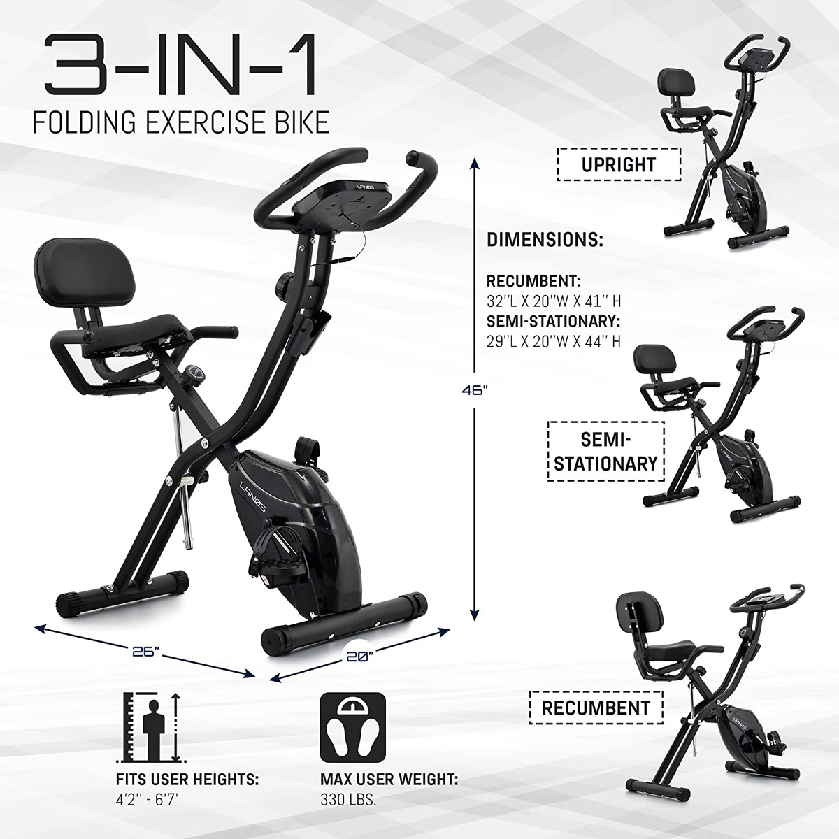 Lanos Folding Exercise Bike with 10 Level Adjustable Magnetic Resistance Upright and Recumbent Foldable Stationary Bike is The Perfect Workout Bike