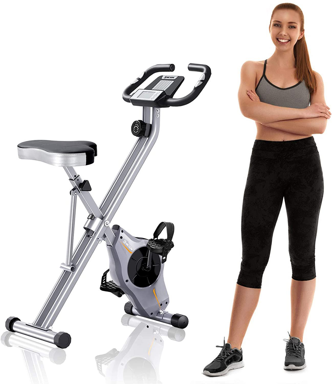 BCAN Folding Exercise Bike Stationary Bike Foldable with Magnetic Resistance Pulse Monitor and Comfortable Seat